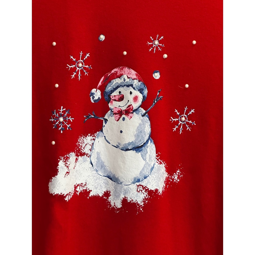 Kim Rogers Red Christmas Snowman Pearl Embellished L. Sleeve Tee Shirt Womens M - Picture 2 of 7